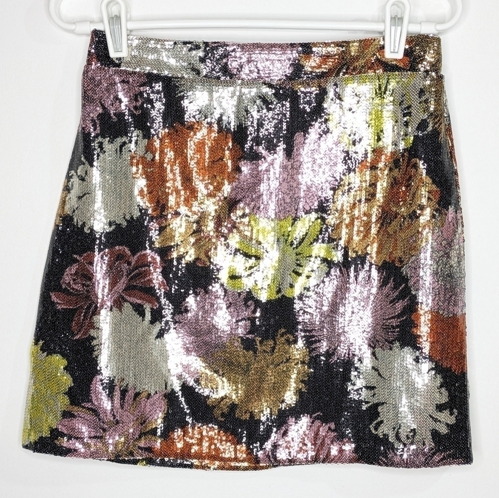 Zara black orange yellow pink sequin floral mini skirt S